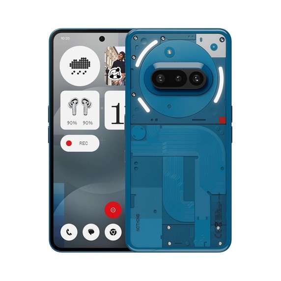 Nothing Phone (3a) azul, vista frontal y trasera con la interfaz Glyph