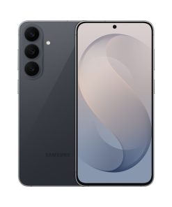 Samsung Galaxy S26 FE en color grafito, vista trasera con la triple cámara y frontal